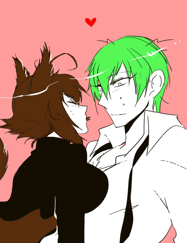 1boy, 1girl, animal_ears, antenna_hair, blazblue, breast_press, breasts, brown_hair