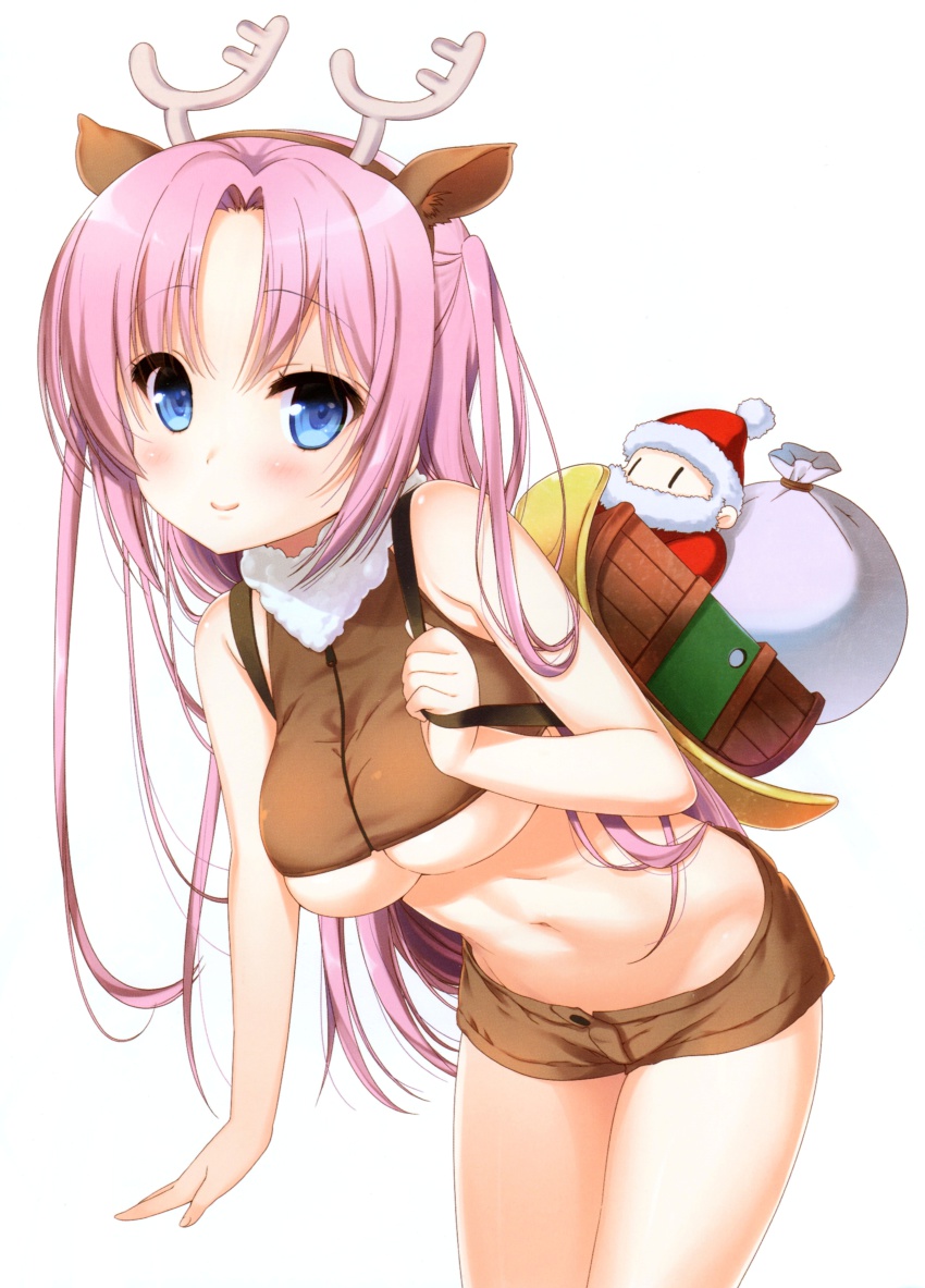 10s, 1girl, absurdres, animal_costume, animal_ears, antlers, backpack, bag, bare_shoulders, beard, blue_eyes, blush, breasts, crop_top, deer_ears, facial_hair, female_focus, groin, hat, highres, horns, jinsei, large_breasts, long_hair, midriff, murakami_emi, nanase_meruchi, navel, official_art, pink_hair, reindeer_antlers, reindeer_costume, sack, santa_costume, santa_hat, scan, short_shorts, shorts, simple_background, sleigh, solo, toy, underboob, very_long_hair, white_background