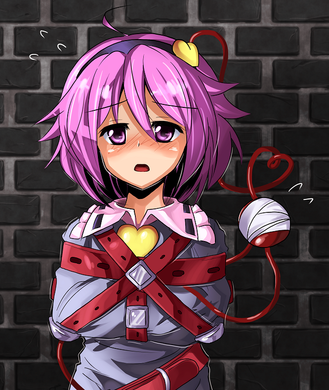 1girl, brick_wall, female_focus, gyokuto_b, hairband, heart, heart_of_string, komeiji_satori, open_mouth, pink_eyes, pink_hair, restrained, short_hair, solo, straitjacket, strap, third_eye, touhou