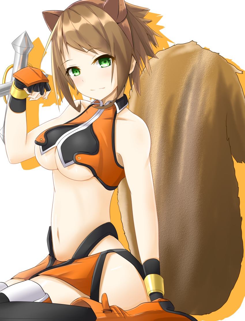 1girl, animal_ears, blazblue, breasts, brown_hair, cosplay, crop_top, female_focus