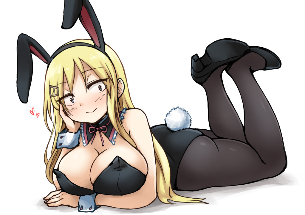 10s, 1girl, animal_ears, ass, blonde_hair, blue_eyes, blush, breasts, cleavage, constricted_pupils, danna_ga_nani_wo_itte_iru_ka_wakaranai_ken, detached_collar, fake_animal_ears, female_focus, hair_ornament, hairclip, high_heels, large_breasts, long_hair, lying, on_stomach, pantyhose, pas_(paxiti), playboy_bunny, rabbit_ears, rabbit_tail, smile, solo, tail, tsunashi_kaoru, wrist_cuffs