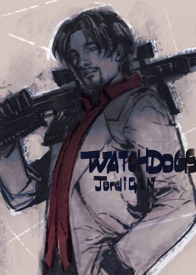 1boy, beard, et.m, facial_hair, gun, jordi_chin, male_focus, mustache