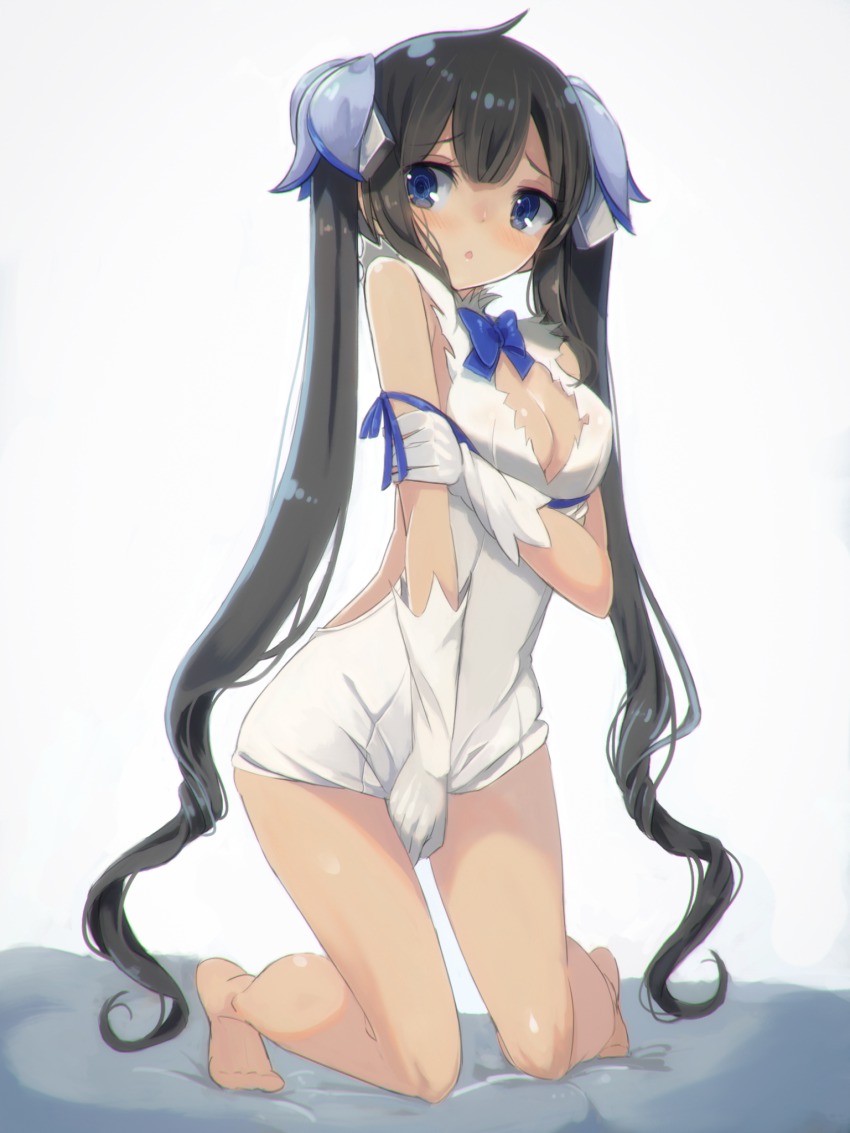 10s, 1girl, black_hair, blue_eyes, breasts, cleavage, dress, dress_tug