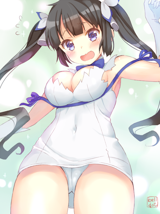 10s, 1girl, belldot, black_hair, blue_hair, blue_ribbon, blush, breasts, dress, dungeon_ni_deai_wo_motomeru_no_wa_machigatteiru_darou_ka, female_focus, hair_ornament, hestia_(danmachi), large_breasts, long_hair, looking_at_viewer, missing_legwear, panties, rei_no_himo, ribbon, solo, sweat, twintails, underwear, white_dress