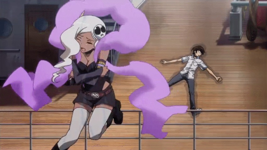 1boy, 1girl, animated, animated_gif, boots, breasts, cleavage, closed_eyes