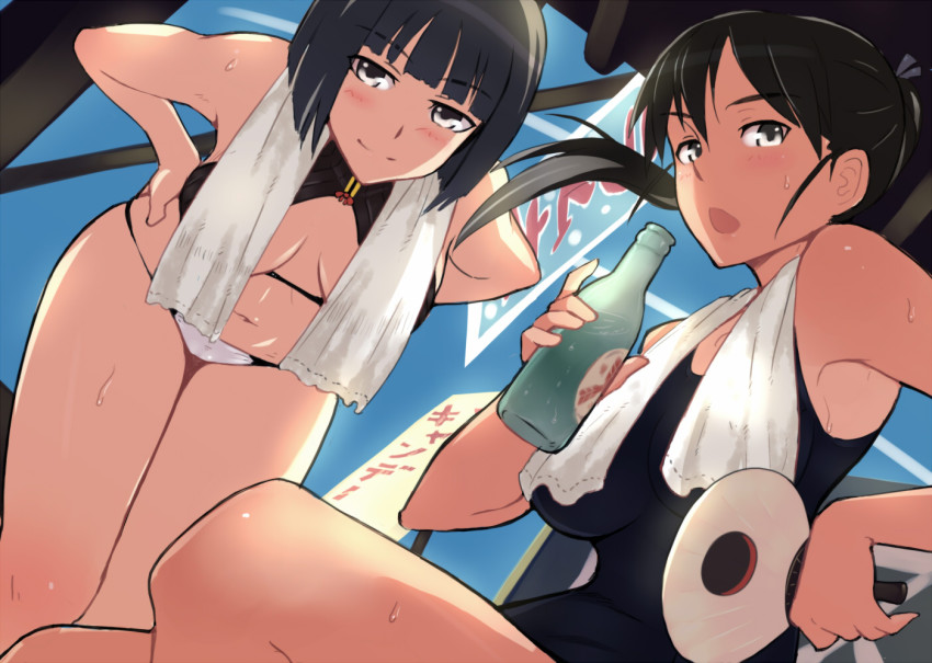 2girls, bikini, black_hair, breasts, brown_eyes, clothes_pull, em_(totsuzen_no_hakike), etou_toshiko