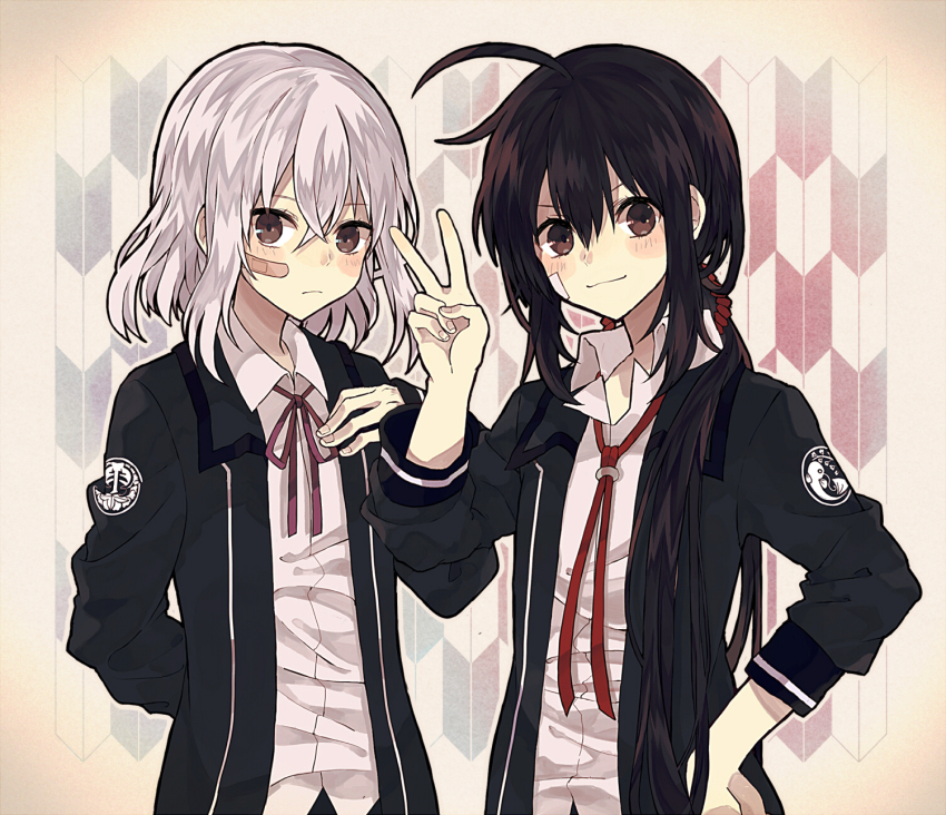 10s, 2boys, ahoge, aizawa_mota, alternate_costume, bandaid, bandaid_on_face, blush