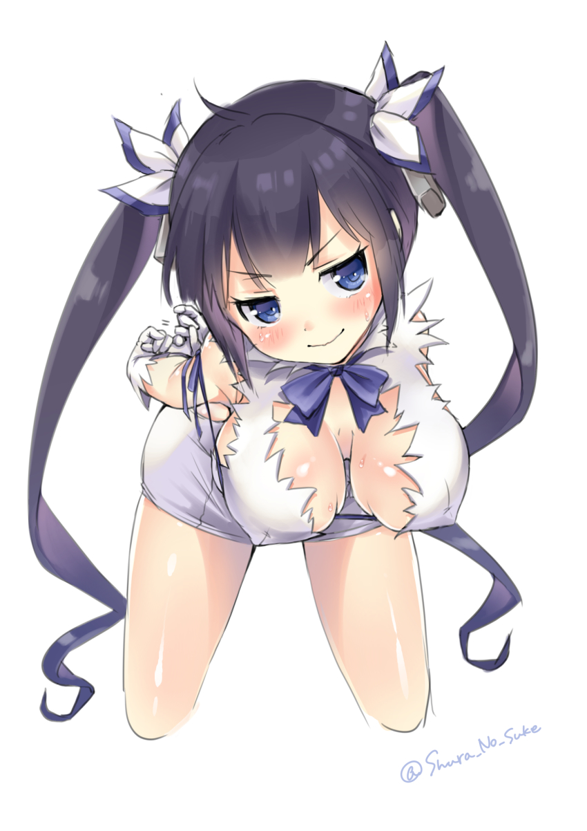 10s, 1girl, arm_ribbon, arms_behind_back, artist_name, bad_id, bad_pixiv_id, bent_over, black_hair, blue_eyes, blush, bound, bow, breasts, cleavage, cleavage_cutout, clothing_cutout, covered_erect_nipples, covered_navel, dress, dungeon_ni_deai_wo_motomeru_no_wa_machigatteiru_darou_ka, embarrassed, female_focus, forced_smile, hair_ornament, hair_ribbon, hestia_(danmachi), highres, large_breasts, leaning_forward, long_hair, rei_no_himo, restrained, ribbon, short_dress, shura_no_suke, simple_background, solo, sweatdrop, tied_up, twintails, white_background, white_dress