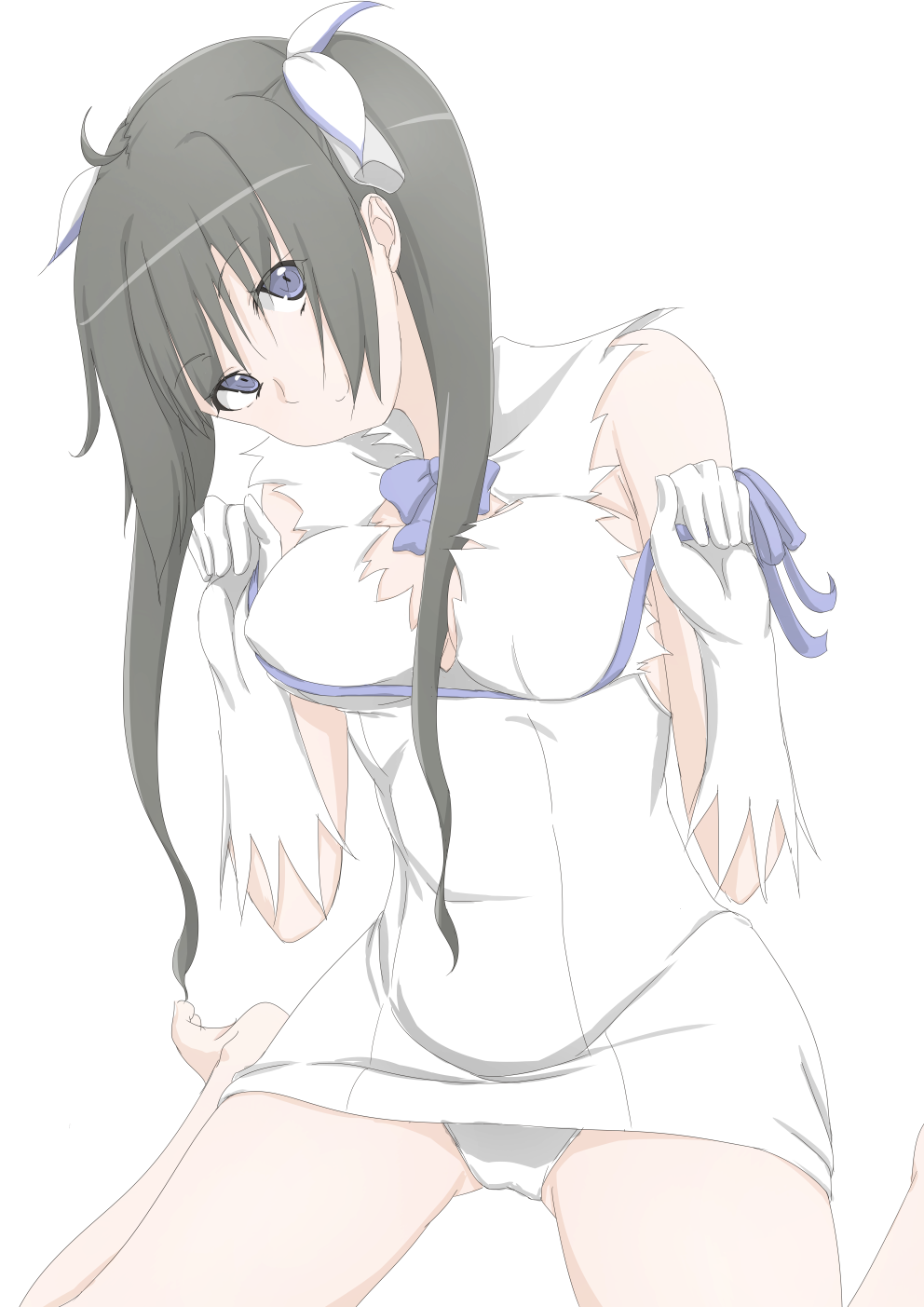10s, 1girl, arm_ribbon, bad_id, bad_pixiv_id, bare_shoulders, barefoot, black_hair