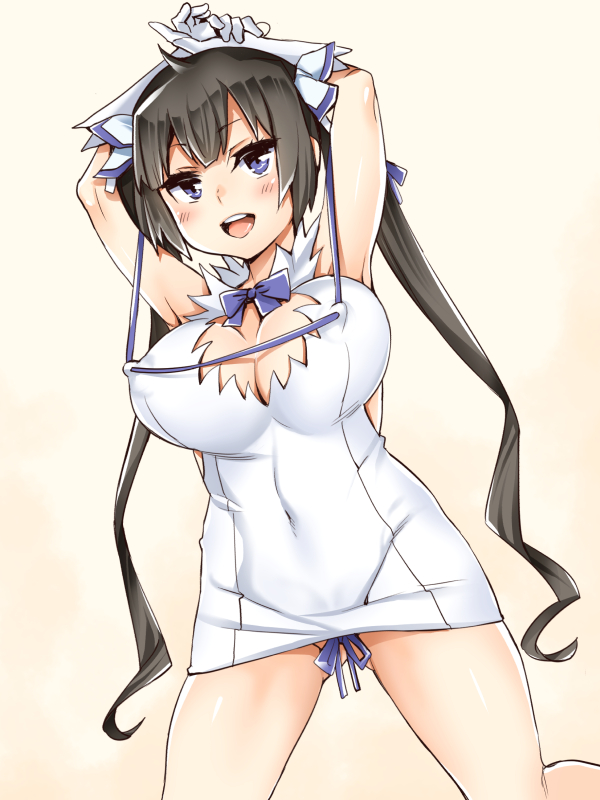 10s, 1girl, arm_ribbon, armpits, arms_up, bare_shoulders, black_hair, blue_eyes, blush, bow, breasts, cleavage, cleavage_cutout, clothing_cutout, covered_navel, dress, dungeon_ni_deai_wo_motomeru_no_wa_machigatteiru_darou_ka, emua, female_focus, gloves, groin, hair_ornament, hair_ribbon, hestia_(danmachi), large_breasts, long_hair, looking_at_viewer, rei_no_himo, ribbon, short_dress, simple_background, smile, solo, twintails, white_background, white_dress