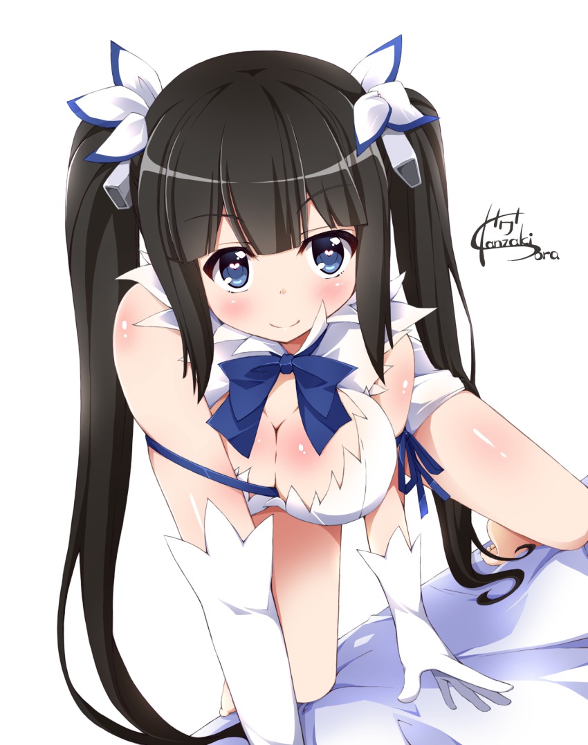 10s, 1girl, all_fours, arm_ribbon, artist_name, bare_shoulders, barefoot, between_breasts, black_hair, blue_eyes, blue_ribbon, blush, body_blush, bow, breasts, cleavage, cleavage_cutout, clothing_cutout, dress, dungeon_ni_deai_wo_motomeru_no_wa_machigatteiru_darou_ka, female_focus, gloves, hair_ornament, hair_ribbon, heart, heart-shaped_pupils, hestia_(danmachi), highres, kanzaki_sora, large_breasts, long_hair, on_bed, rei_no_himo, ribbon, short_dress, simple_background, sleeveless, sleeveless_dress, smile, solo, symbol-shaped_pupils, twintails, white_dress, white_gloves