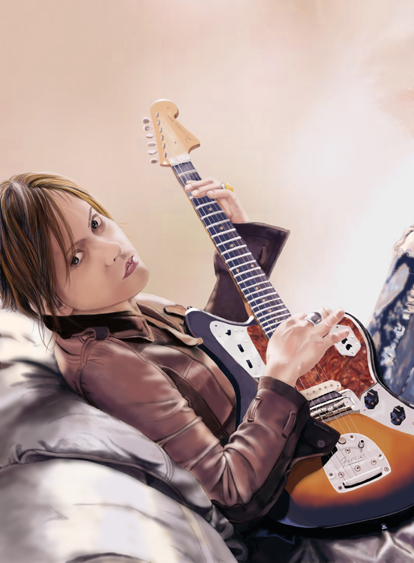 1boy, couch, guitar, hyde_(l'arc~en~ciel), instrument, j-rock, jacket, jewelry