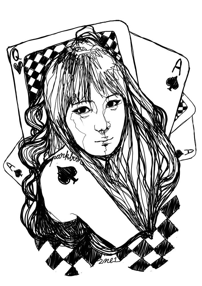 1girl, 2ne1, ace_(playing_card), bands, bom_(2ne1), card, character_name, female_focus