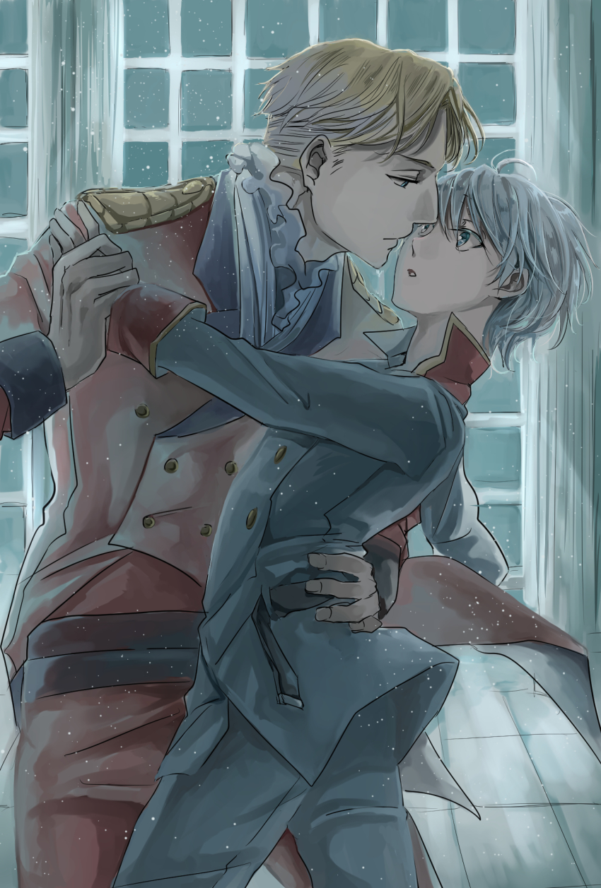 10s, 2boys, aldnoah.zero, bad_id, bad_pixiv_id, blonde_hair, cruhteo, dancing, highres, kisato, military, military_uniform, multiple_boys, silver_hair, slaine_troyard