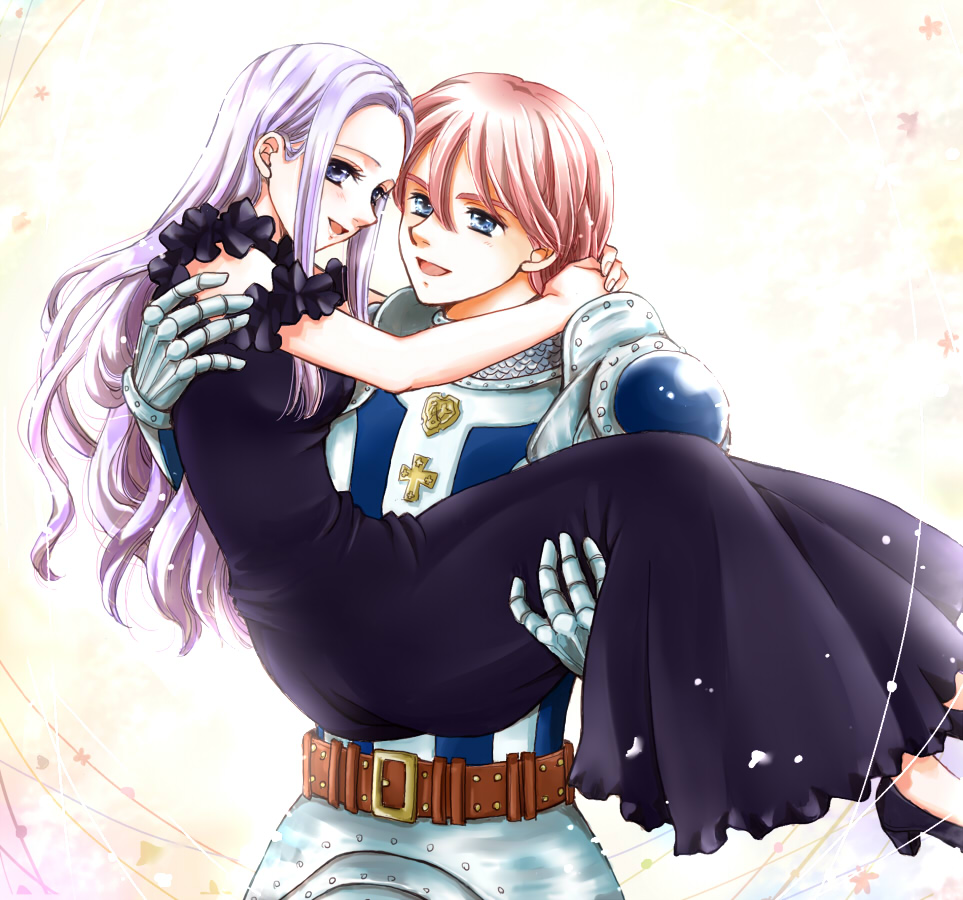 10s, 1boy, 1girl, armor, belt, blue_eyes, blush, couple