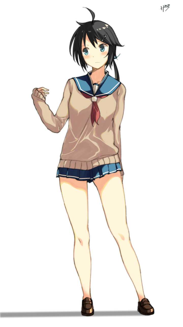 10s, 1girl, aqua_eyes, bare_legs, black_hair, blue_skirt, female_focus, full_body