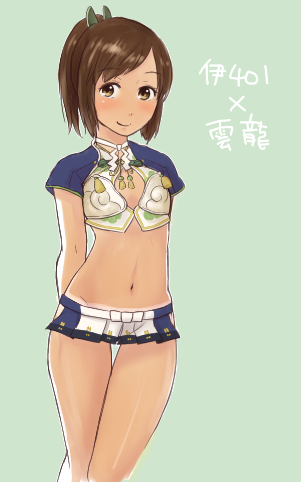 10s, 1girl, arms_behind_back, bad_id, bad_twitter_id, breasts, brown_eyes, brown_hair, cleavage_cutout, clothing_cutout, cosplay, crop_top, female_focus, flat_chest, i-401_(kancolle), kantai_collection, looking_at_viewer, midriff, navel, ponytail, sailor_collar, small_breasts, smile, solo, stomach, tan, thigh_gap, unryuu_(kancolle), unryuu_(kancolle)_(cosplay)