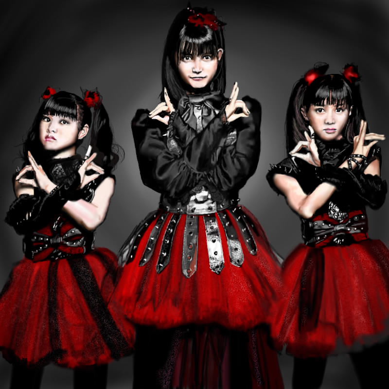 3girls, babymetal, belt, black_hair, black_shirt, bracelet, double_m/, dress