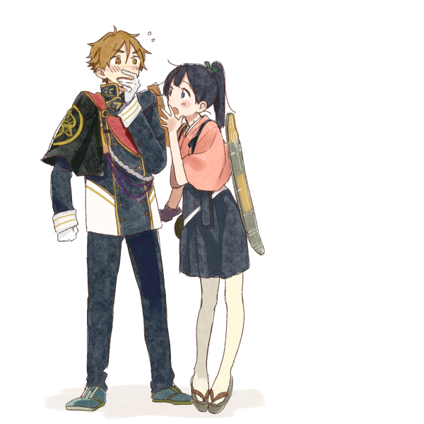 10s, 1boy, 1girl, black_hair, blue_eyes, brown_eyes, brown_hair, cosplay, couple, flight_deck, geta, gloves, houshou_(kancolle)_(cosplay), houshou_(kancolle), ichigo_hitofuri, ichigo_hitofuri_(cosplay), japanese_clothes, kantai_collection, kitashirakawa_tamako, long_hair, momose_(oqo), ooji_mochizou, pantyhose, pigeon-toed, ponytail, voice_actor_connection, short_hair, single_glove, suzaki_aya, tamako_market, tamaru_atsushi, tiptoes, touken_ranbu, trait_connection