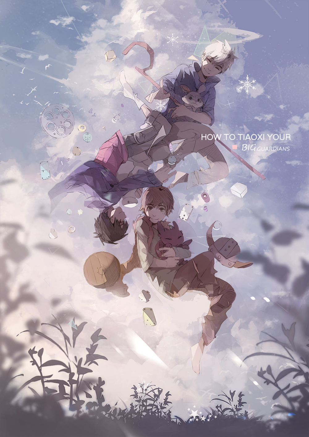 3boys, animal, baymax, big_hero_6, black_hair, brown_hair, cloud, crossover, disney, dragon, english_text, fake_horns, falling, helmet, hiccup_horrendous_haddock_iii, highres, hiro_hamada, holding, holding_animal, horned_helmet, horns, how_to_train_your_dragon_(series), how_to_train_your_dragon_1, jack_frost_(rise_of_the_guardians), left_mouse, male_focus, marvel, multiple_boys, rabbit, realistic, rise_of_the_guardians, shield, sky, staff, toothless, white_hair