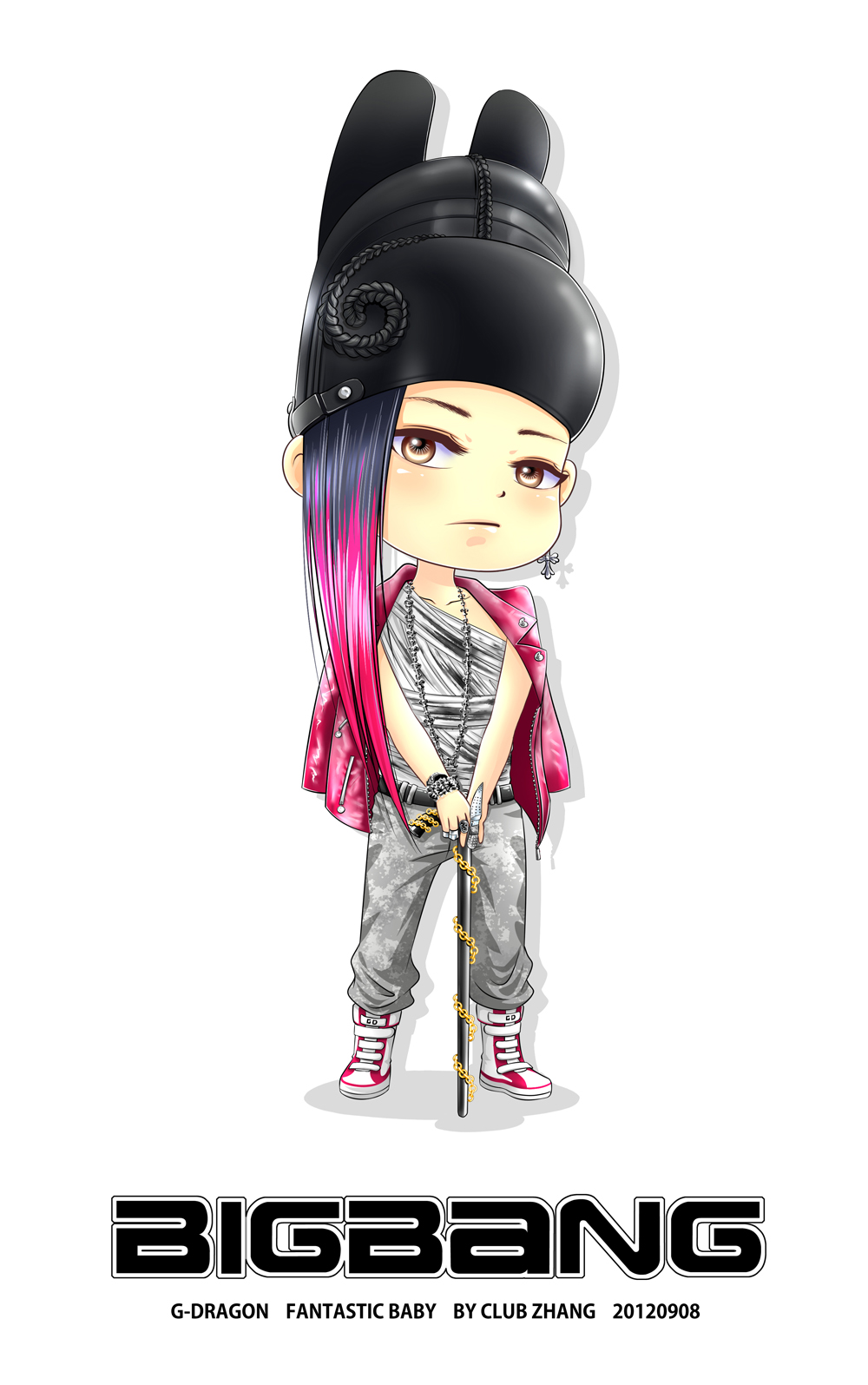 1boy, asymmetrical_hair, bandages, bigbang, chibi, copyright_name, earrings, g-dragon