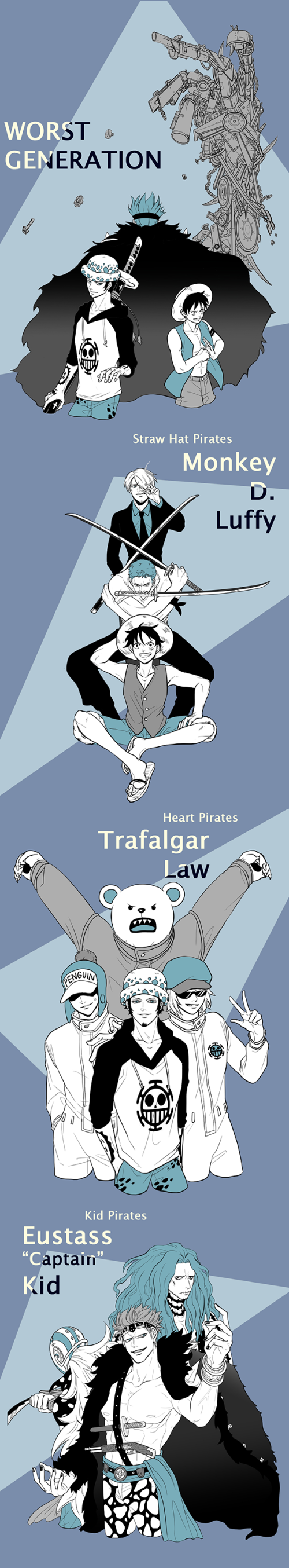 6+boys, absurdres, bear, bepo_(one_piece), eustass_kid, hat, heart_pirates, heat_(one_piece)