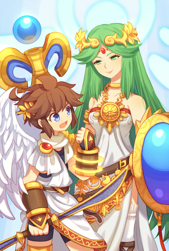 1boy, 1girl, age_difference, angel, bare_shoulders, blue_eyes, breasts, brown_hair, child, circlet, dual_blades, green_hair, jewelry, kid_icarus, kid_icarus_uprising, long_hair, necklace, nintendo, onee-shota, palutena, pit_(kid_icarus), shield, short_hair, side_slit, smile, staff, thighhighs, wings, wusagi2