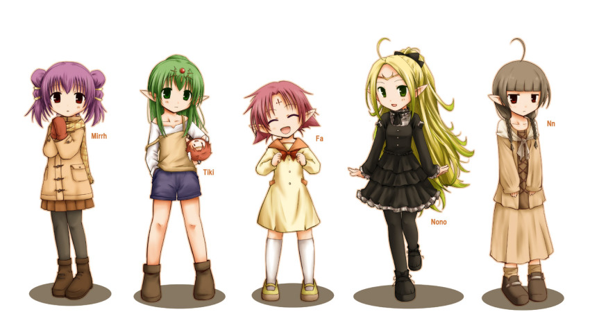 5girls, :d, ahoge, alternate_costume, black_dress, black_socks, boots, bow, bowtie, braid, brown_hair, brown_legwear, character_name, child, closed_eyes, coat, contemporary, doll, dress, facial_mark, fae_(fire_emblem), fire_emblem, fire_emblem:_mystery_of_the_emblem, fire_emblem:_the_binding_blade, fire_emblem:_the_sacred_stones, fire_emblem_awakening, forehead_mark, gloves, green_eyes, green_hair, kneehighs, long_hair, long_skirt, long_sleeves, multiple_girls, myrrh_(fire_emblem), nah_(fire_emblem), nintendo, nowi_(fire_emblem), off_shoulder, open_mouth, own_hands_together, pantyhose, pink_hair, pointy_ears, ponytail, purple_hair, red_eyes, scarf, shirt, shoes, short_hair, shorts, skirt, smile, socks, tenmaru, tiara, tiki_(fire_emblem), tiki_(young)_(fire_emblem), twin_braids, white_legwear, xane_(fire_emblem), yellow_dress