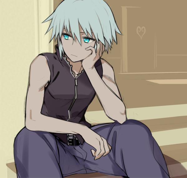 1boy, kingdom_hearts, nino_(nino_imo), riku_(kingdom_hearts), short_hair, silver_hair, sitting, sleeveless