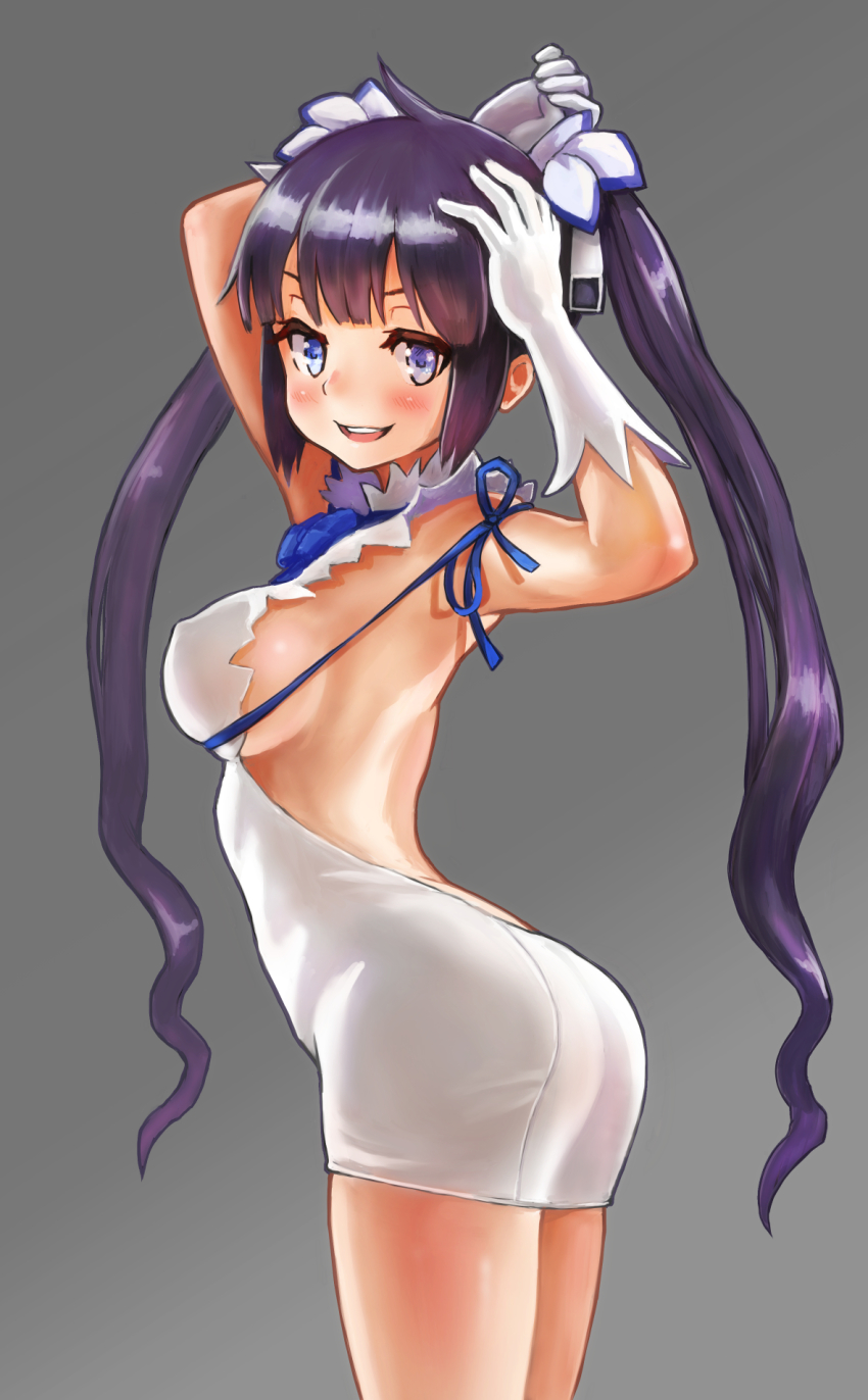 10s, 1girl, :d, arm_ribbon, arms_up, ass, black_hair, blue_eyes, blush, breasts, dress, dungeon_ni_deai_wo_motomeru_no_wa_machigatteiru_darou_ka, female_focus, gloves, hair_ornament, hair_ribbon, hestia_(danmachi), highres, karashi_(tou_gara_shi), large_breasts, long_hair, looking_at_viewer, open_mouth, purple_hair, rei_no_himo, ribbon, sideboob, simple_background, smile, solo, twintails, white_dress, white_gloves