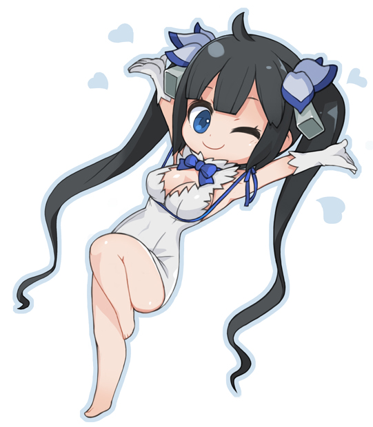 10s, 1girl, black_hair, blue_eyes, breasts, cleavage, dress, dungeon_ni_deai_wo_motomeru_no_wa_machigatteiru_darou_ka