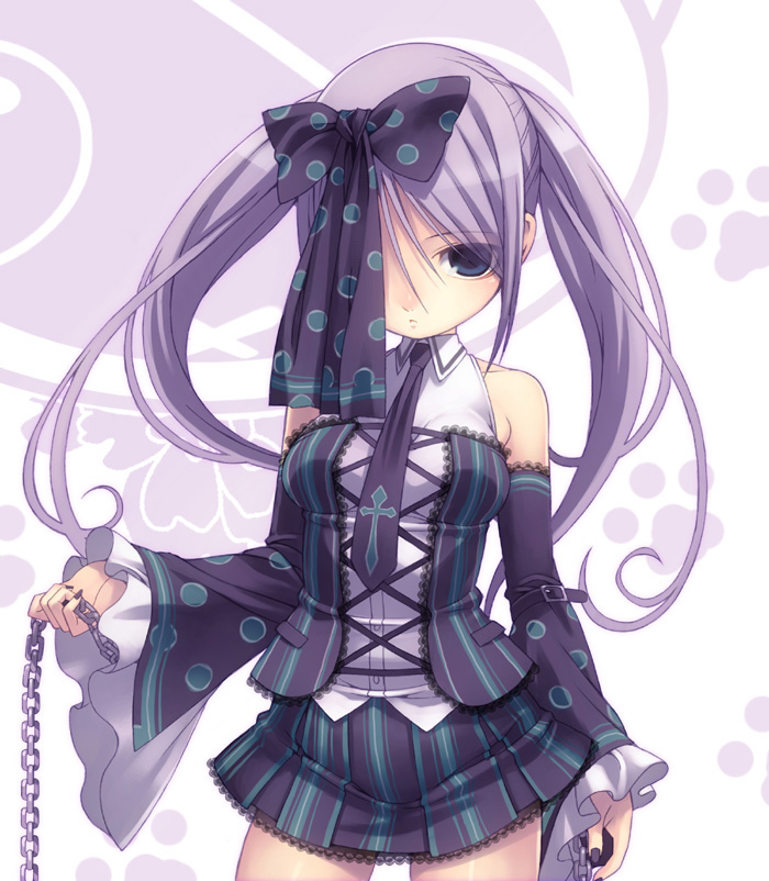 1girl, blue_eyes, bow, chain, cross, elbow_gloves, female_focus, gloves