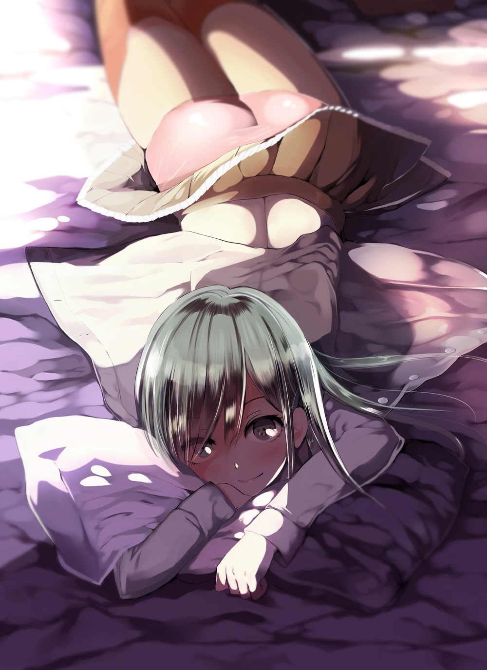 10s, 1girl, abe_ranzu, aqua_eyes, aqua_hair, ass, bed, highres, kantai_collection, lying, hugging_object, on_stomach, panties, pillow, pillow_hug, smile, suzuya_(kancolle), underwear, uniform