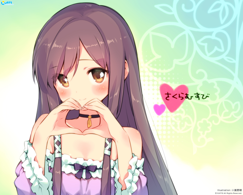 1girl, bare_shoulders, blush, brown_eyes, brown_hair, choker, cuffs_(company), female_focus