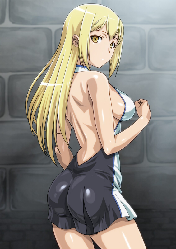 10s, 1girl, :/, aiz_wallenstein, arm_at_side, ass, back, backless_dress