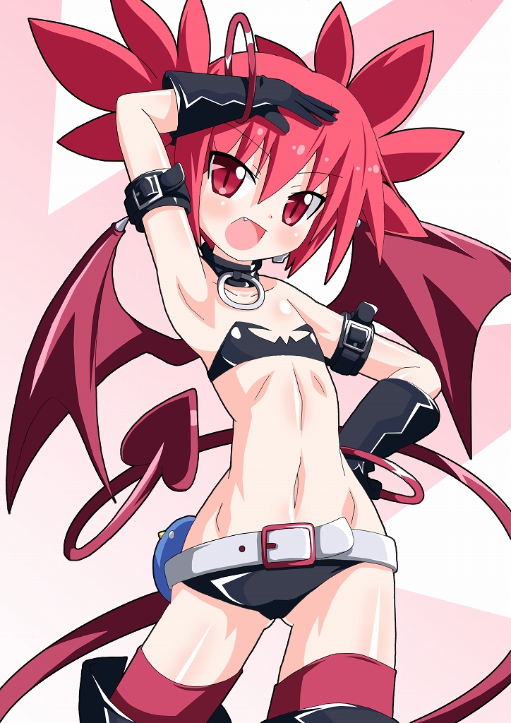 1girl, :d, armpits, belt, black_gloves, choker, demon_girl, demon_tail, demon_wings, disgaea, etna_(disgaea), fang, flat_chest, gloves, hand_on_own_hip, kagerou_(kers), navel, open_mouth, red_eyes, red_hair, short_hair, smile, tail, twintails, wings