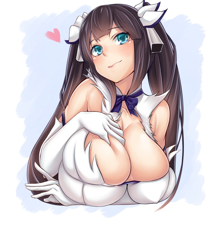 10s, 1girl, absurdres, alternate_eye_color, arm_ribbon, arm_under_breasts, bad_id, bad_nicoseiga_id, bare_shoulders, black_hair, blue_bow, blue_ribbon, bow, bowtie, breasts, cleavage, cleavage_cutout, clothing_cutout, collarbone, deep_skin, derivative_work, dress, dungeon_ni_deai_wo_motomeru_no_wa_machigatteiru_darou_ka, female_focus, gloves, grabbing_another's_breast, green_eyes, groping, hair_ornament, hair_ribbon, hand_on_breast, heart, hestia_(danmachi), highres, huge_breasts, long_hair, looking_at_viewer, rei_no_himo, ribbon, short_dress, skin_tight, skindentation, sleeveless, sleeveless_dress, smile, solo, traces, twintails, upper_body, white_dress, white_gloves