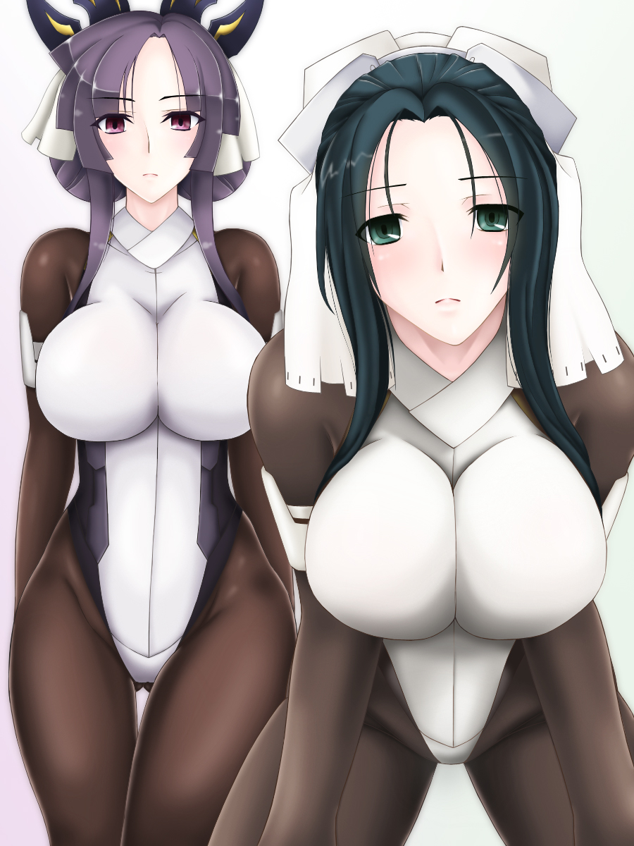 2girls, android, bastard_(entasis), black_hair, bodysuit, breasts, green_eyes, hair_ribbon