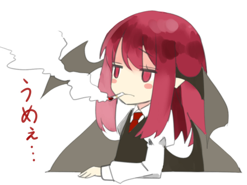1girl, :|, arm_rest, bat_wings, blush_stickers, chibi, cigarette, closed_mouth