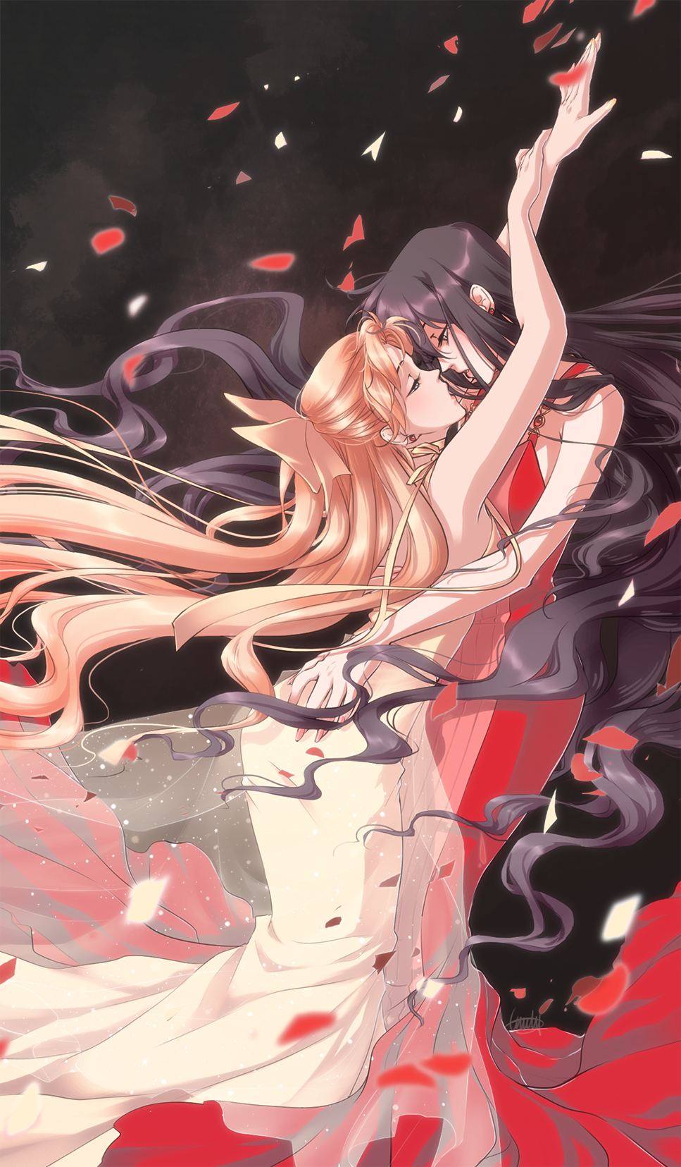 2girls, aino_minako, bishoujo_senshi_sailor_moon, black_background, black_hair, blonde_hair, blurry, bow