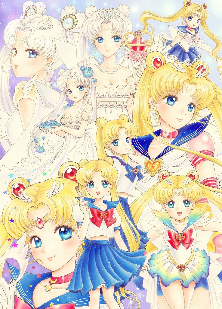 1990s_(style), 1girl, 2girls, 6+girls, :d, aged_up, bishoujo_senshi_sailor_moon, bishoujo_senshi_sailor_moon_(first_season)