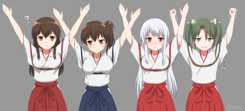 4girls, ?, akagi_(kancolle), anger_vein, arms_up, blush, breast_envy, breasts