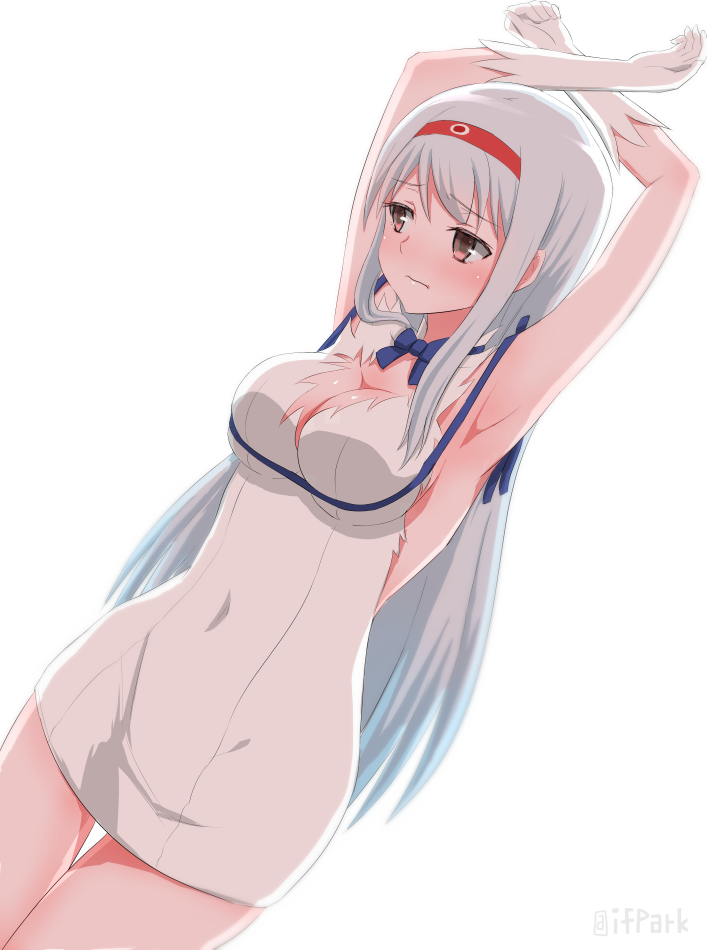 1girl, arms_up, blush, breasts, brown_eyes, cleavage, cleavage_cutout, clothing_cutout