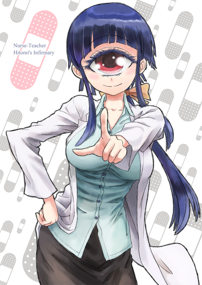 1girl, bandaid, blue_hair, breasts, copyright_name, cowboy_shot, cyclops, female_focus