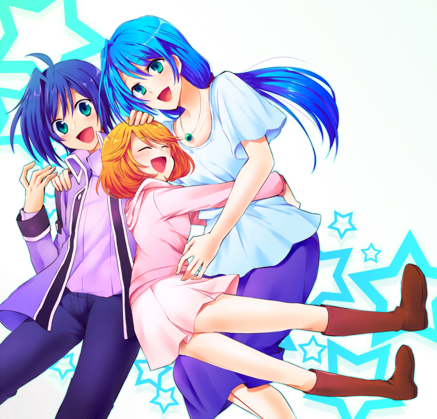 10s, 1boy, 2girls, apron, blouse, blue_eyes, blush, boots