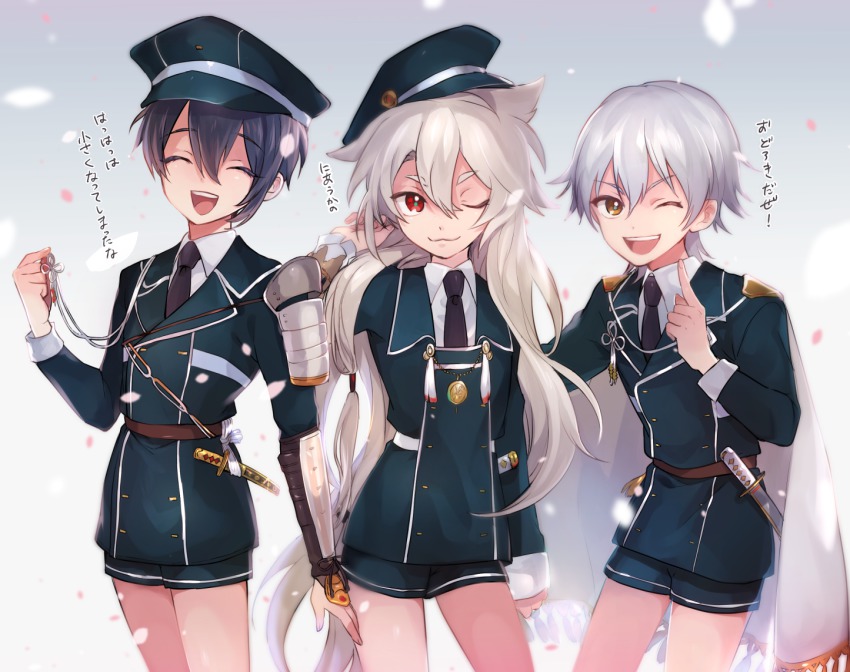 10s, 3boys, ;3, ;d, ^_^, aged_down, armor, bad_id, bad_pixiv_id, black_hair, cape, closed_eyes, cosplay, gokotai, gokotai_(cosplay), hat, hirano_toushirou, hirano_toushirou_(cosplay), japanese_armor, kogitsunemaru, maeda_toushirou, maeda_toushirou_(cosplay), male_focus, mikazuki_munechika, military, military_uniform, ml_(sysynemuru), multiple_boys, necktie, one_eye_closed, open_mouth, petals, red_eyes, short_sword, shorts, shoulder_armor, smile, sode, sword, tantou, touken_ranbu, translation_request, tsurumaru_kuninaga, weapon, white_hair, yellow_eyes