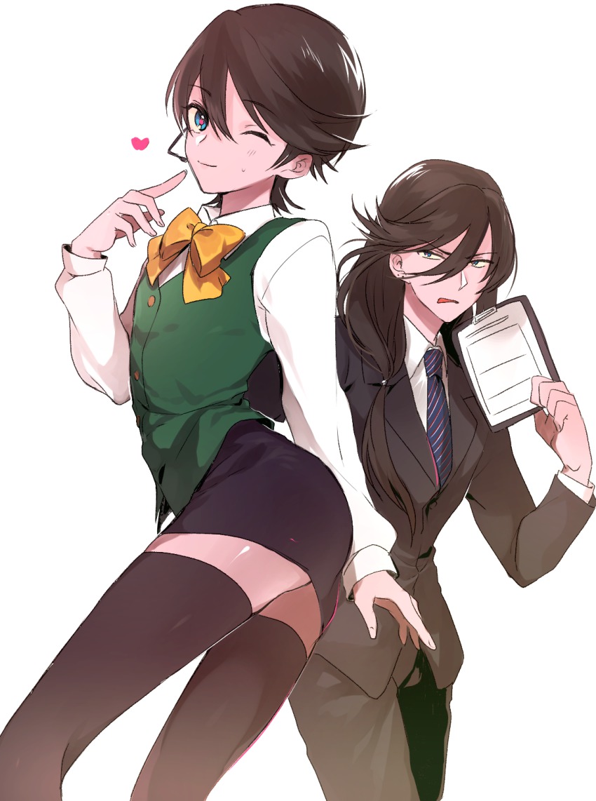 10s, 2boys, bad_id, bad_pixiv_id, black_legwear, bow, clipboard, cosplay