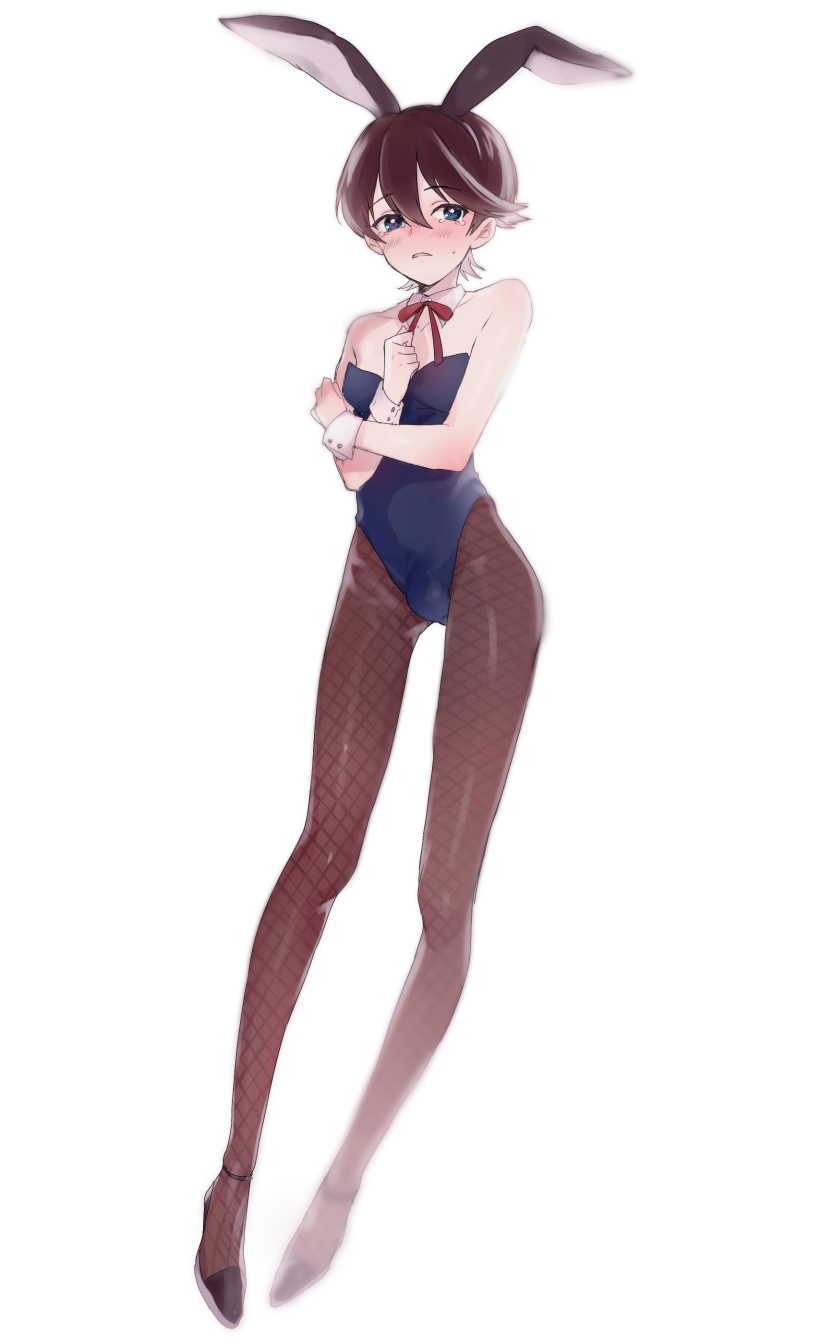 10s, 1boy, animal_ears, bad_id, bad_pixiv_id, black_hair, blue_eyes, bulge, crossdressing, crossdressing_(mtf), detached_collar, fake_animal_ears, fishnet_pantyhose, fishnets, full_body, highres, horikawa_kunihiro, male_focus, male_playboy_bunny, ml_(sysynemuru), pantyhose, playboy_bunny, rabbit_ears, solo, tears, touken_ranbu, trap, wrist_cuffs