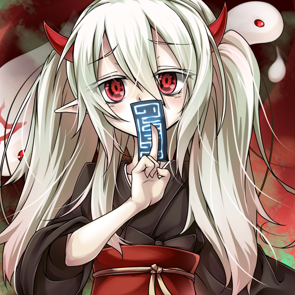 1girl, colored_eyelashes, covering_own_mouth, duel_monster, ghost_ogre_&amp;_snow_rabbit, horns, japanese_clothes, long_hair