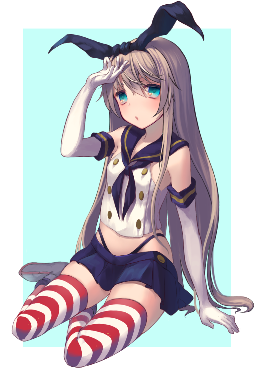 10s, 1girl, bad_id, bad_pixiv_id, blonde_hair, blue_eyes, elbow_gloves, female_focus, fuyujima_(fyzm), fuyuzima, gloves, hairband, highres, kantai_collection, long_hair, shimakaze_(kancolle), sitting, skirt, solo, striped_clothes, striped_thighhighs, thighhighs